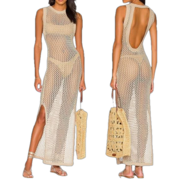 Other - Crochet Swimsuit Cover Up Sexy Long Taupe Beach Dress Side Split Open Back